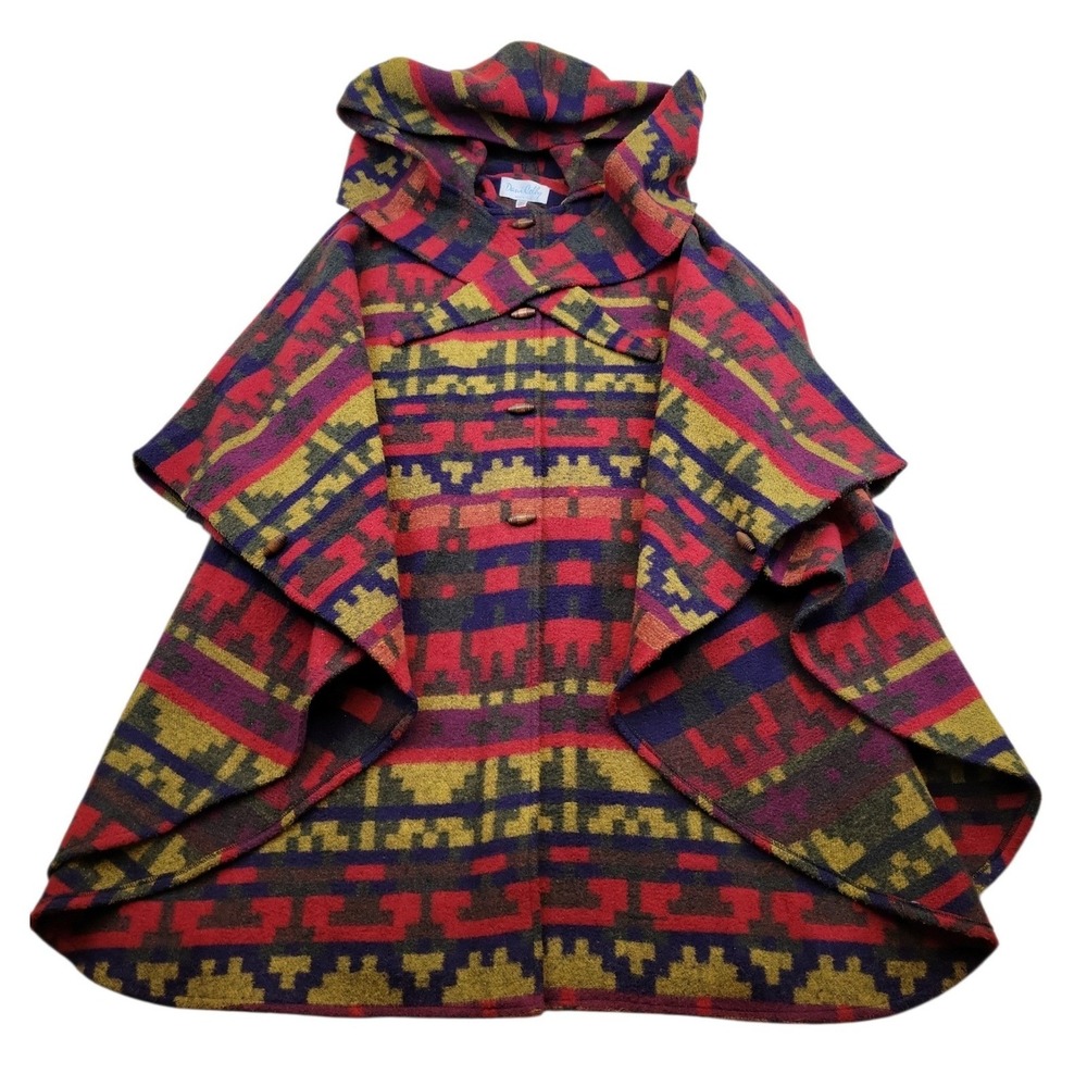 Vintage 80s Dani Colby Colorful Hooded Batwing Cape Poncho Aztec Southwestern